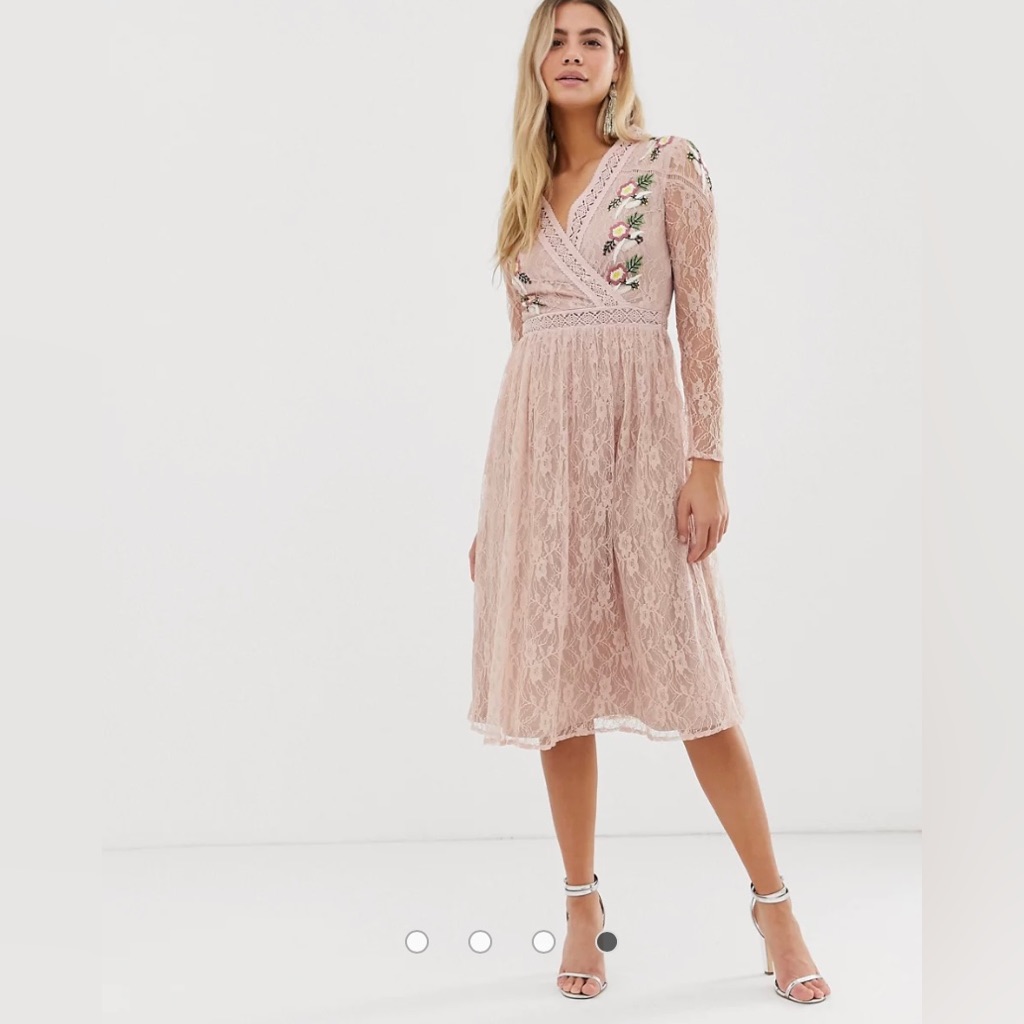 Asos - Frock And Frill Prairie Lace Midi Dress With Embroidered Flowers In Rose